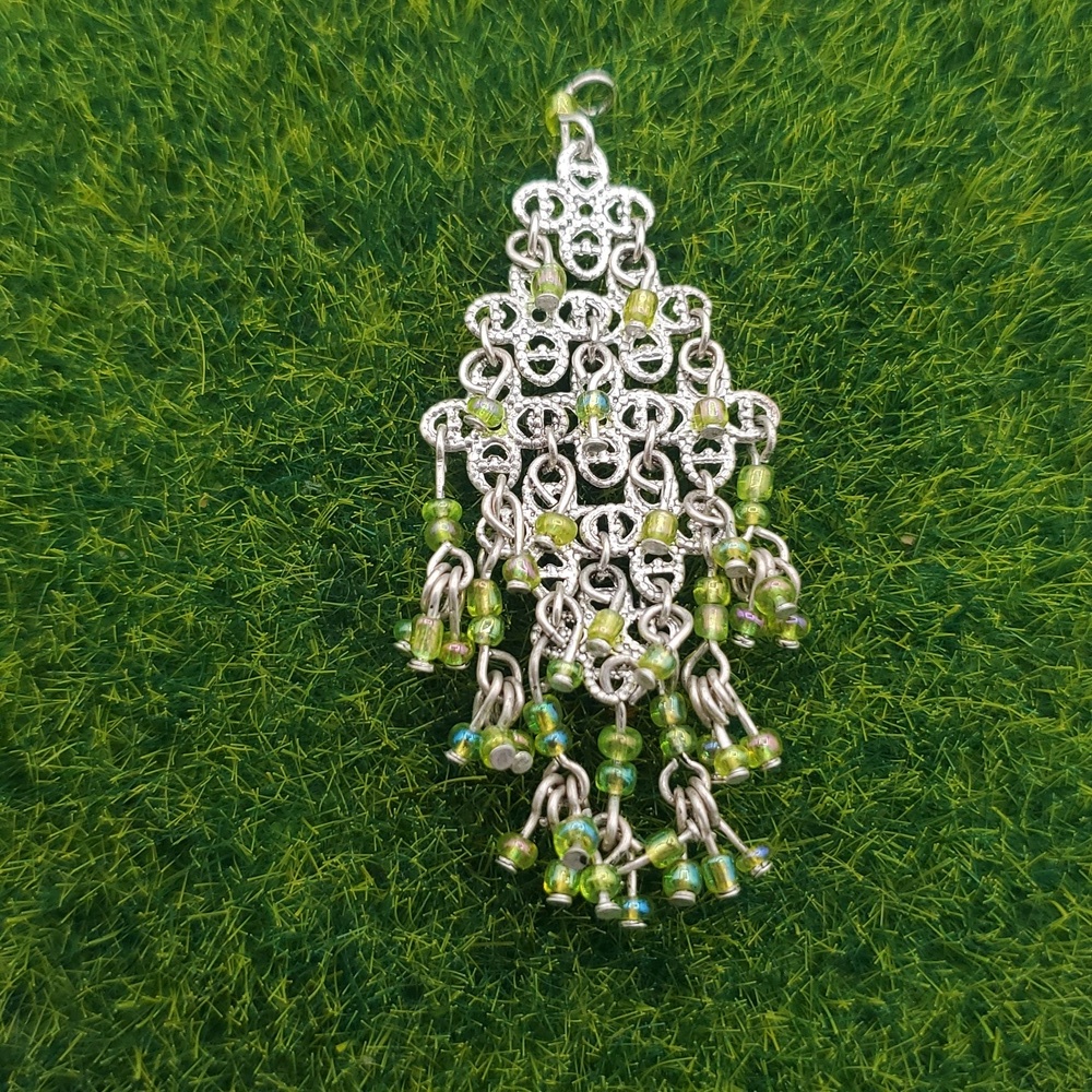 Silver Tone and Green Beaded Chandelier Pendant P403